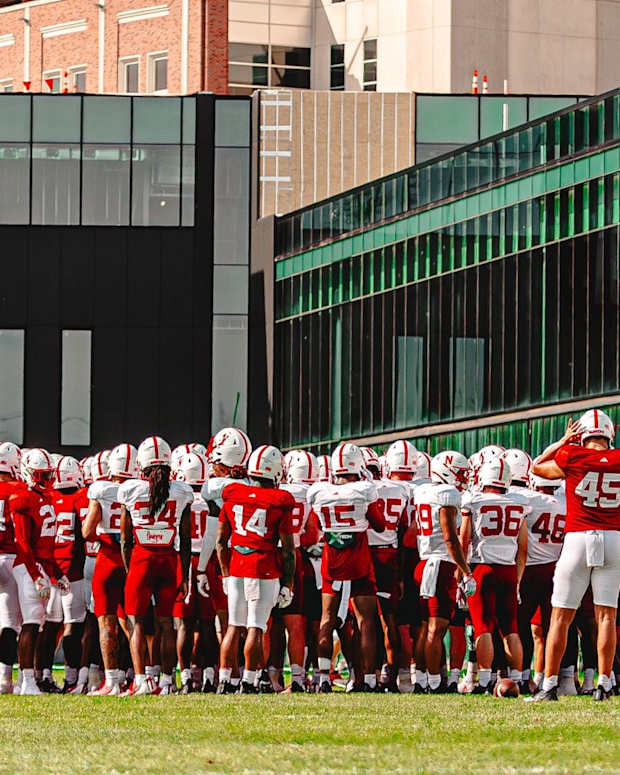 Team huddle 2023-08-05 Nebraska football fall camp horiz